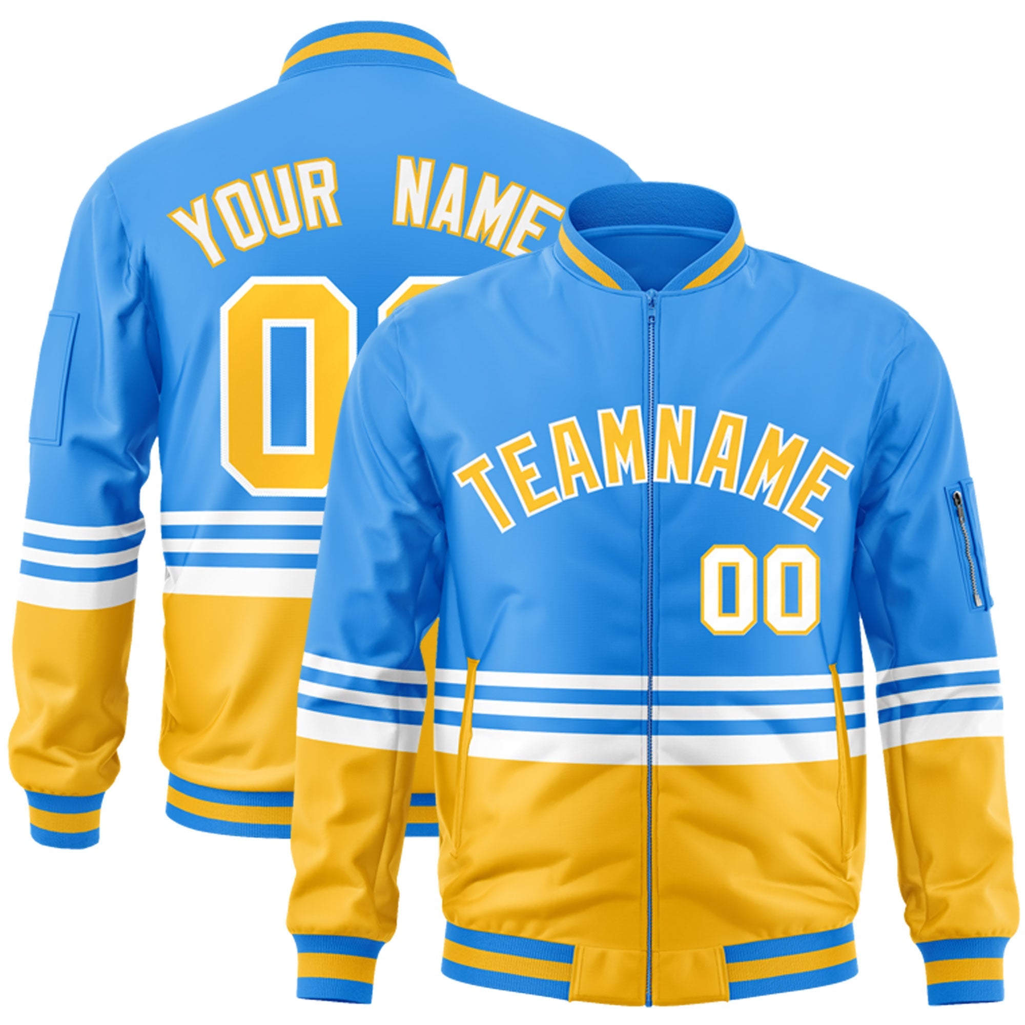 Custom Powder Blue Gold-White Varsity Full-Zip Color Block Letterman Bomber Jacket