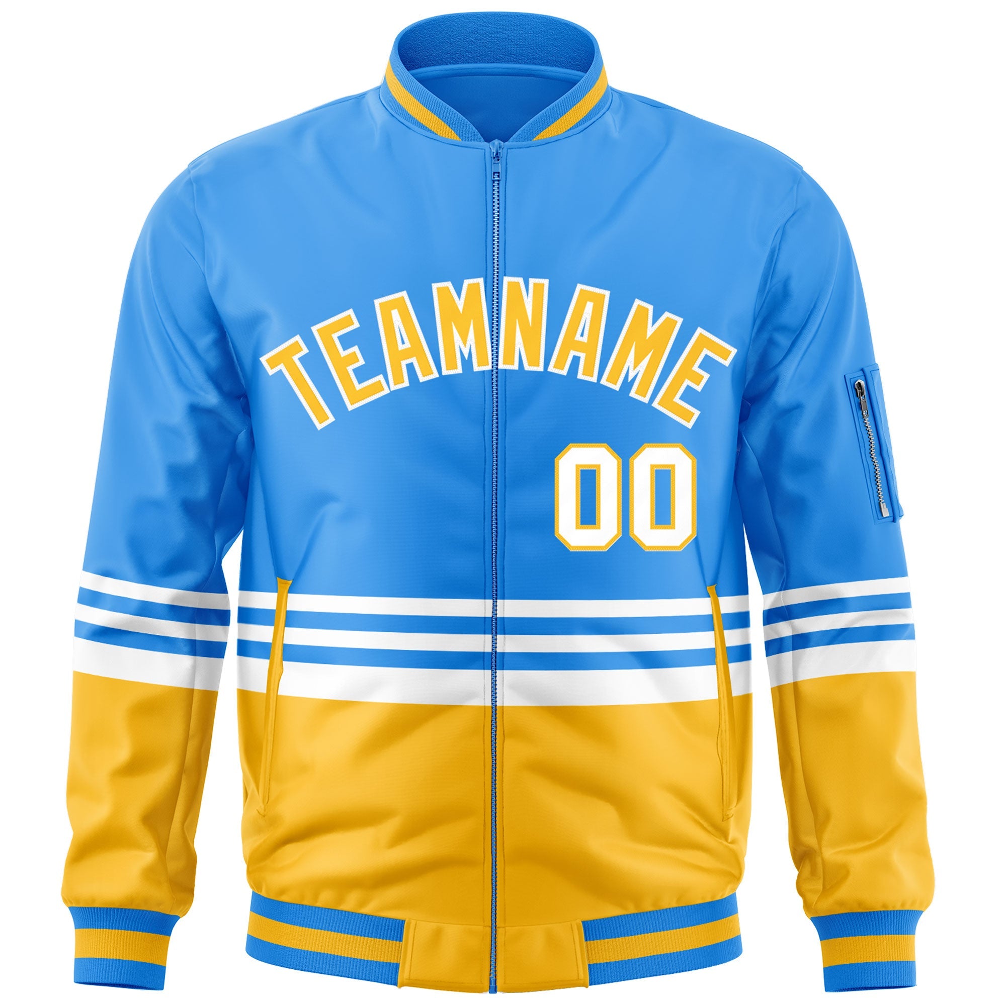 Custom Powder Blue Gold-White Varsity Full-Zip Color Block Letterman Bomber Jacket