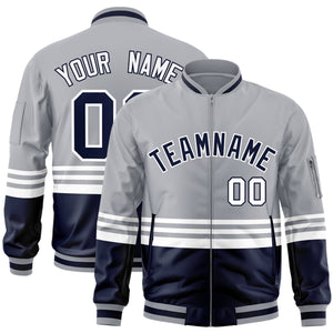 Custom Gray Navy-White Varsity Full-Zip Color Block Letterman Bomber Jacket