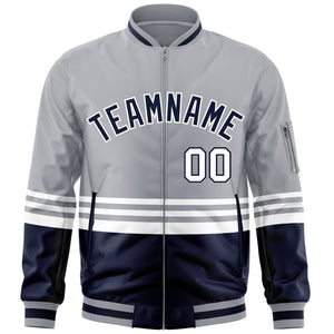 Custom Gray Navy-White Varsity Full-Zip Color Block Letterman Bomber Jacket