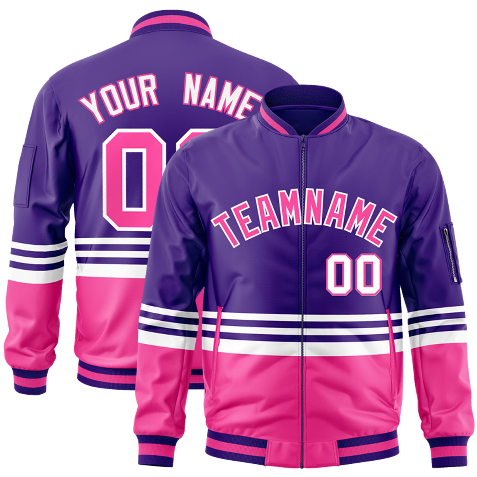 Custom Purple Pink-White Varsity Full-Zip Color Block Letterman Bomber Jacket