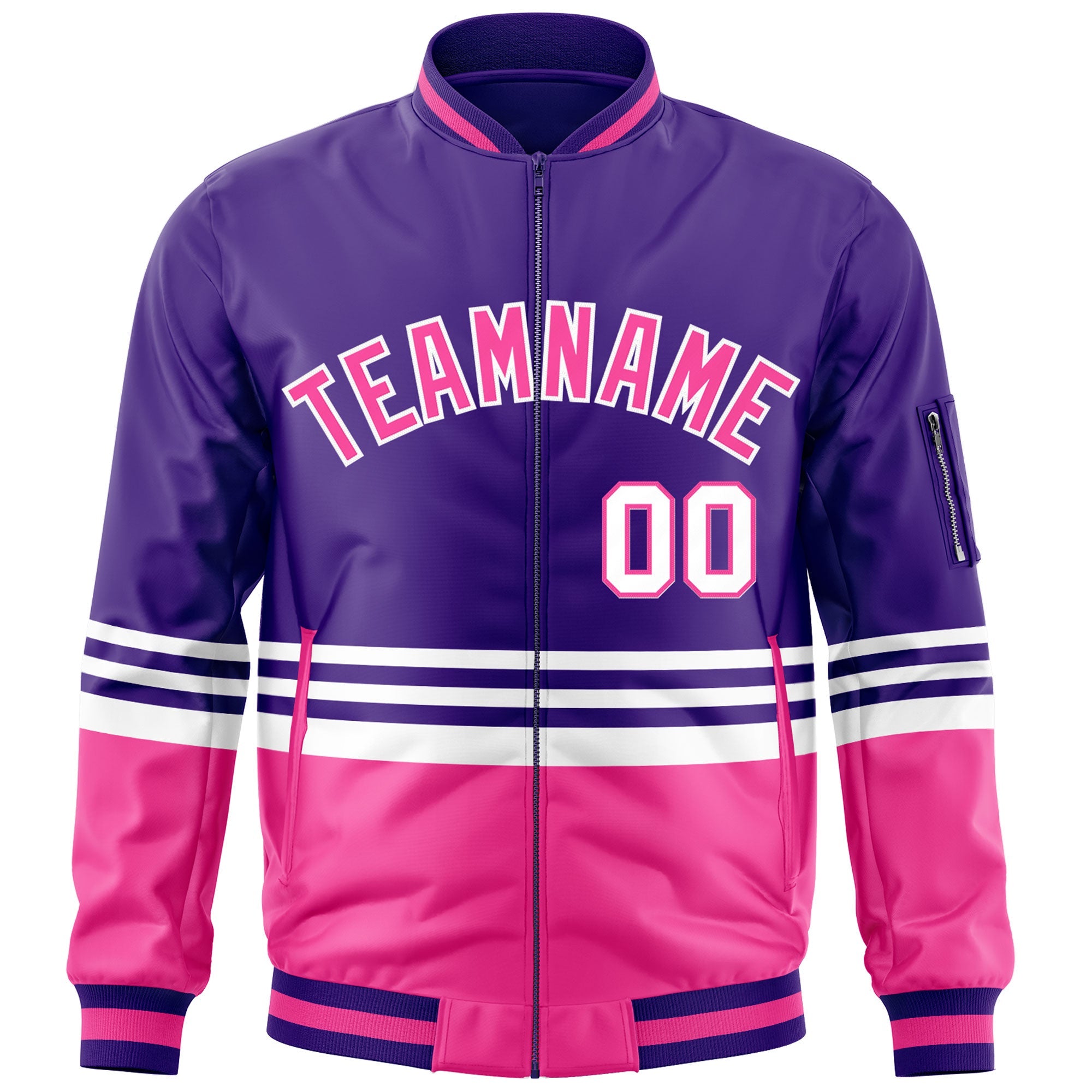 Custom Purple Pink-White Varsity Full-Zip Color Block Letterman Bomber Jacket