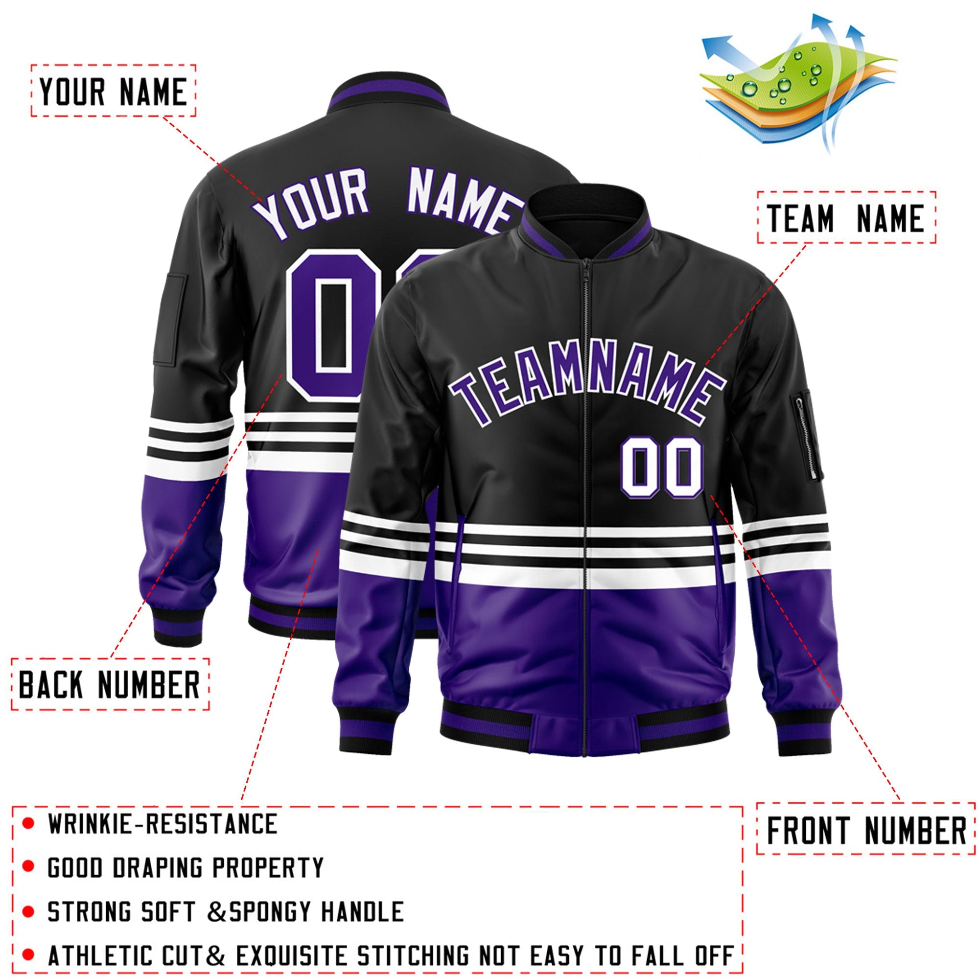 Custom Black Purple-White Varsity Full-Zip Color Block Letterman Bomber Jacket