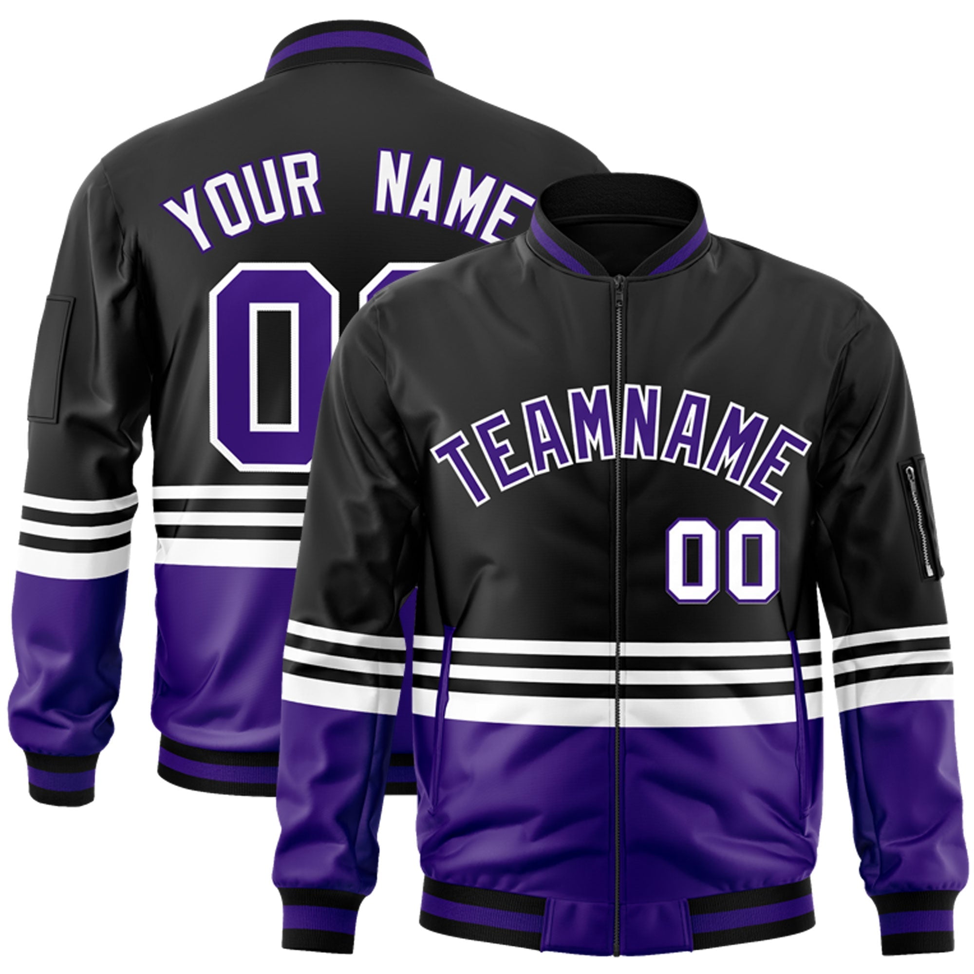 Custom Black Purple-White Varsity Full-Zip Color Block Letterman Bomber Jacket