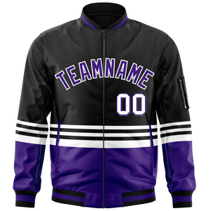 Custom Black Purple-White Varsity Full-Zip Color Block Letterman Bomber Jacket