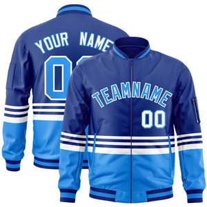 Custom Royal Powder Blue-White Varsity Full-Zip Color Block Letterman Bomber Jacket