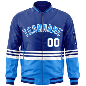 Custom Royal Powder Blue-White Varsity Full-Zip Color Block Letterman Bomber Jacket