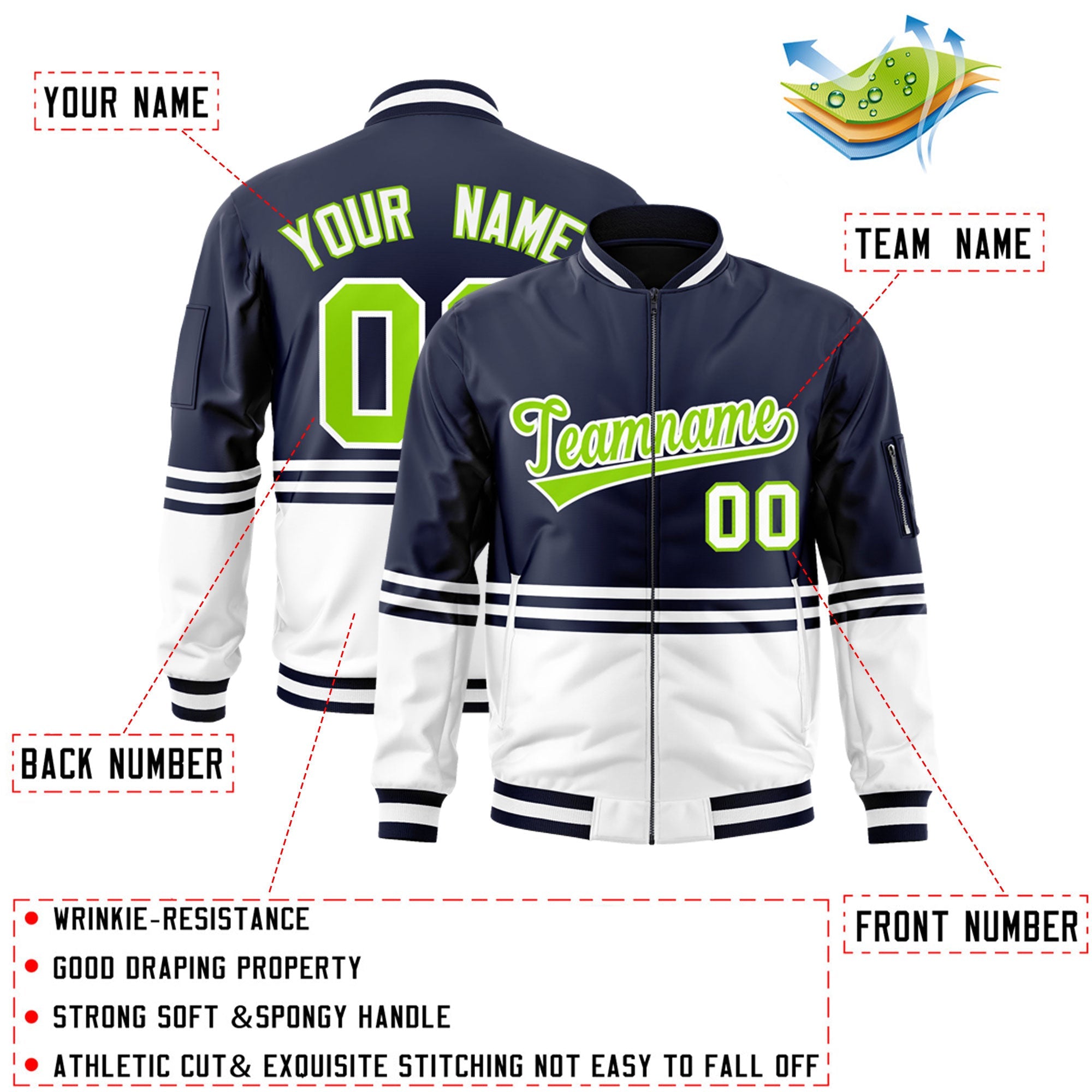 Custom Navy Neon Green-White Varsity Full-Zip Color Block Letterman Bomber Jacket