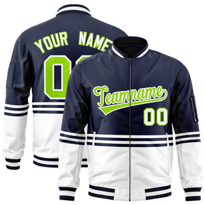 Custom Navy Neon Green-White Varsity Full-Zip Color Block Letterman Bomber Jacket