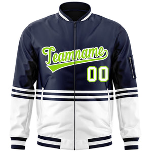 Custom Navy Neon Green-White Varsity Full-Zip Color Block Letterman Bomber Jacket