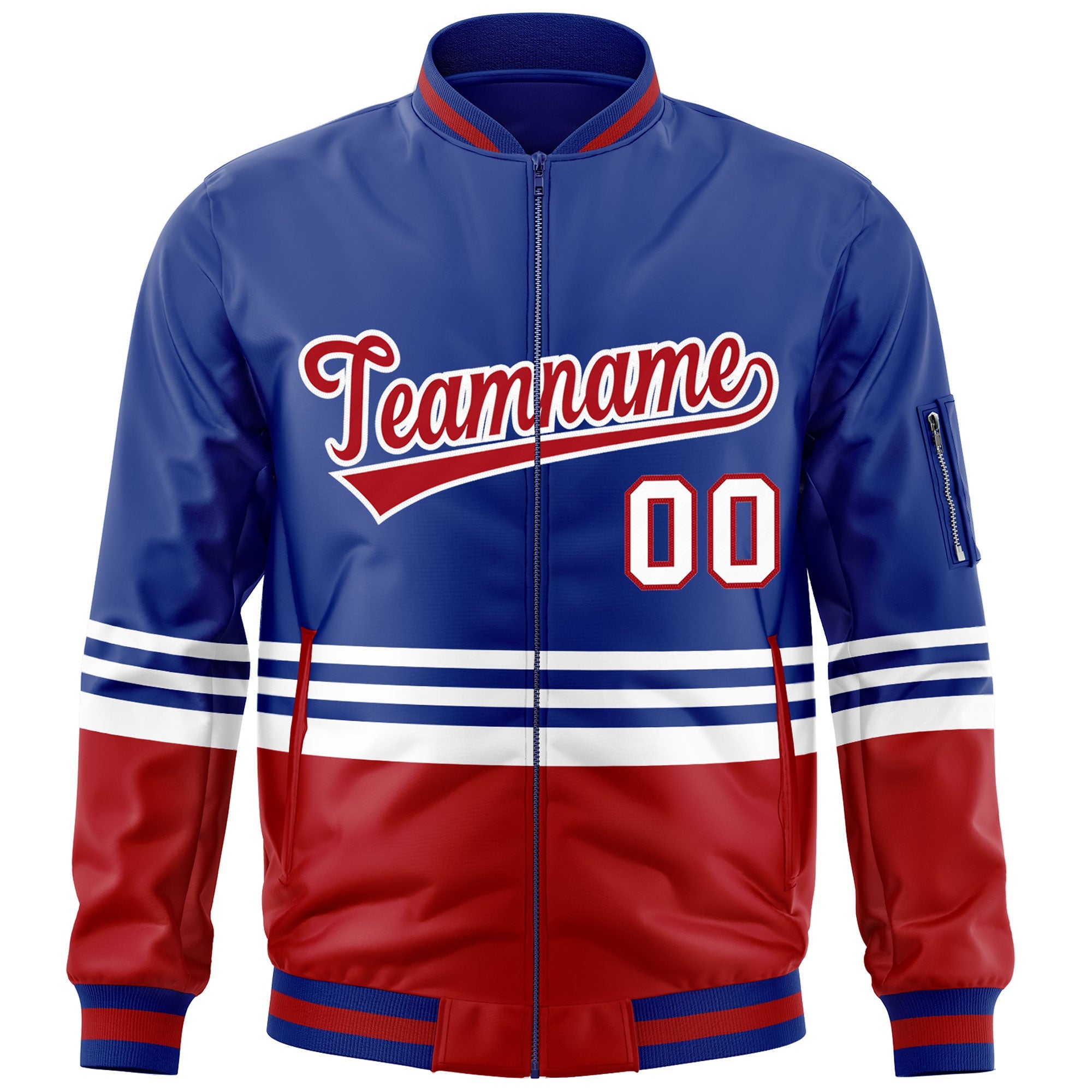 Custom Royal Red-White Varsity Full-Zip Color Block Letterman Bomber Jacket