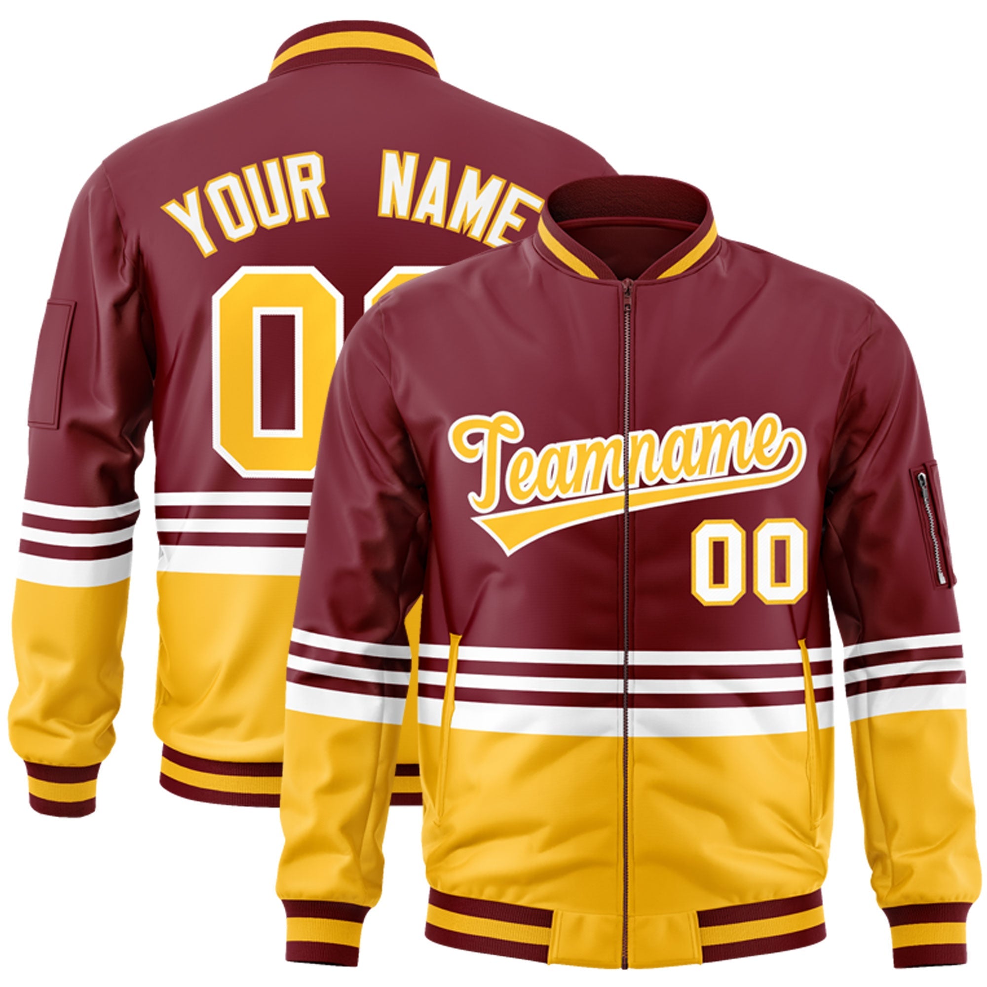 Custom Crimson Gold-White Varsity Full-Zip Color Block Letterman Bomber Jacket