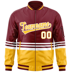 Custom Crimson Gold-White Varsity Full-Zip Color Block Letterman Bomber Jacket