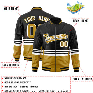 Custom Black Old Gold-White Varsity Full-Zip Color Block Letterman Bomber Jacket