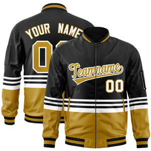 Custom Black Old Gold-White Varsity Full-Zip Color Block Letterman Bomber Jacket