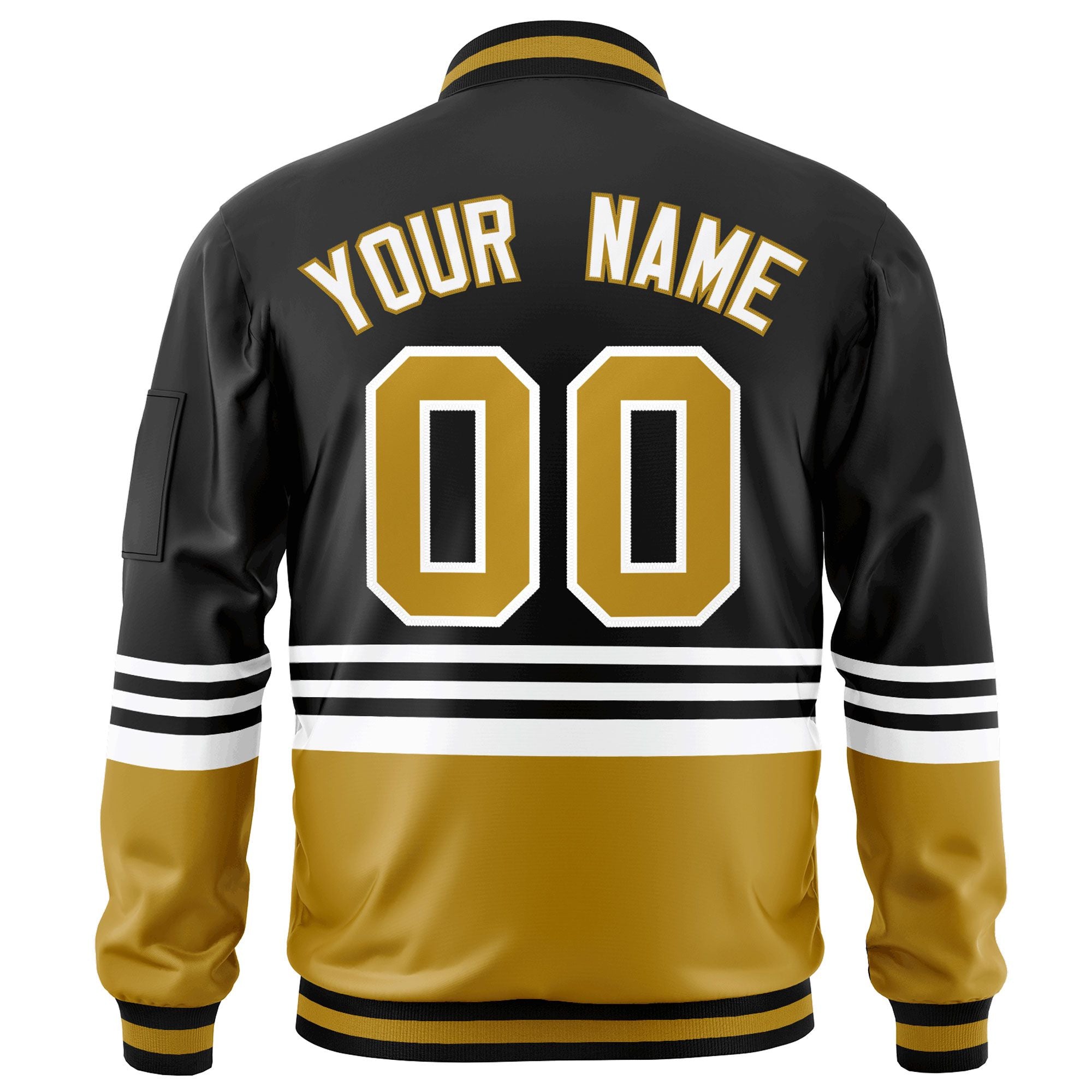 Custom Black Old Gold-White Varsity Full-Zip Color Block Letterman Bomber Jacket