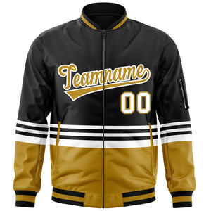 Custom Black Old Gold-White Varsity Full-Zip Color Block Letterman Bomber Jacket