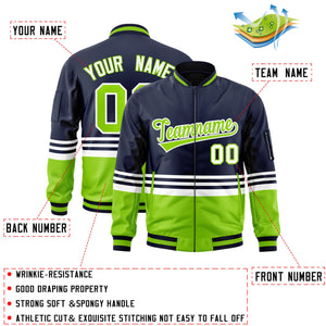 Custom Navy Neon Green-White Varsity Full-Zip Color Block Letterman Bomber Jacket