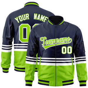 Custom Navy Neon Green-White Varsity Full-Zip Color Block Letterman Bomber Jacket