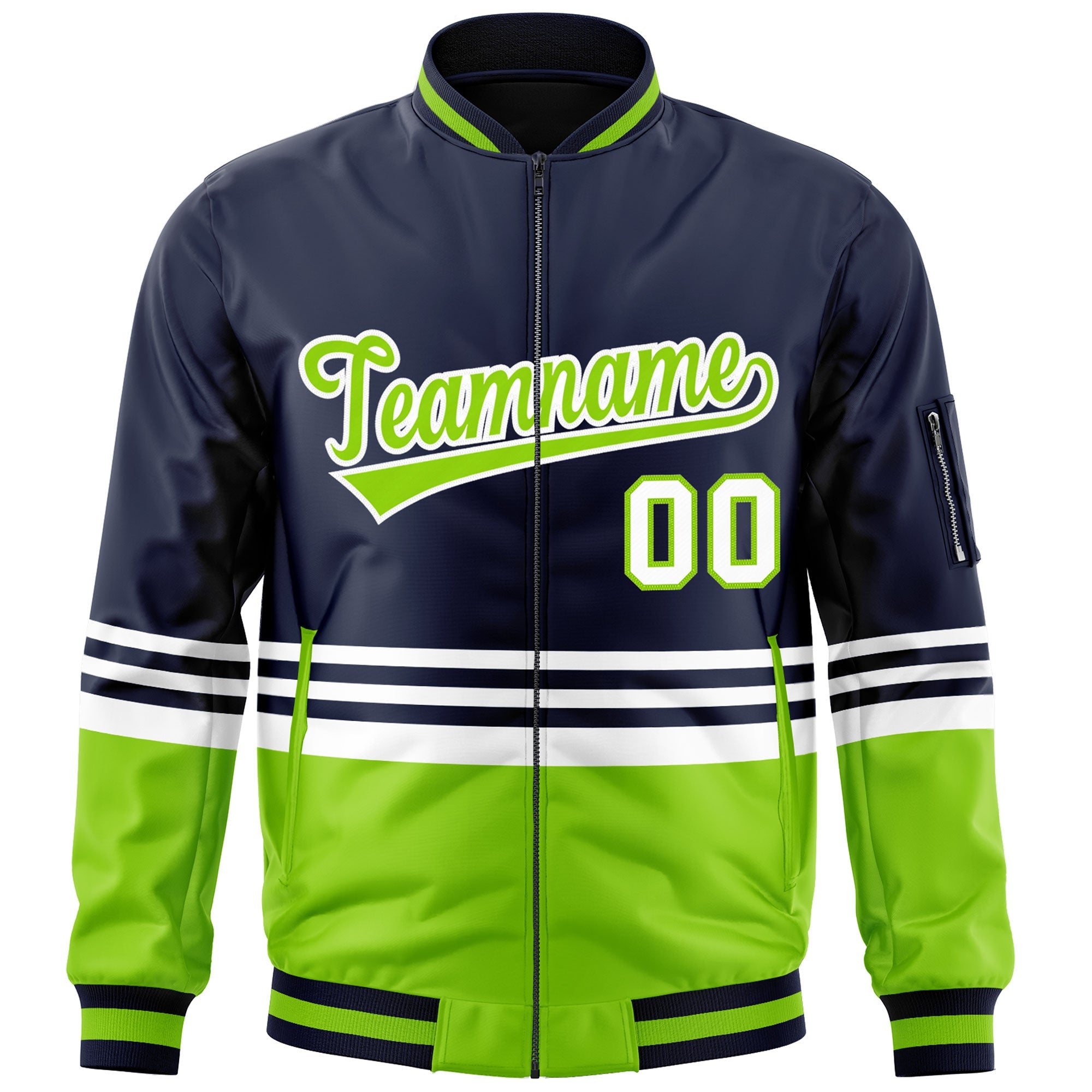 Custom Navy Neon Green-White Varsity Full-Zip Color Block Letterman Bomber Jacket