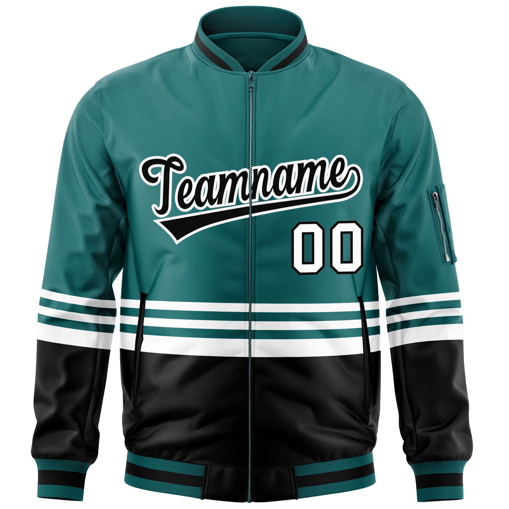 Custom Aqua Black-White Varsity Full-Zip Color Block Letterman Bomber Jacket