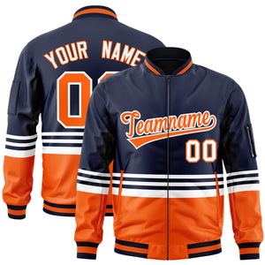 Custom Navy Orange-White Varsity Full-Zip Color Block Letterman Bomber Jacket