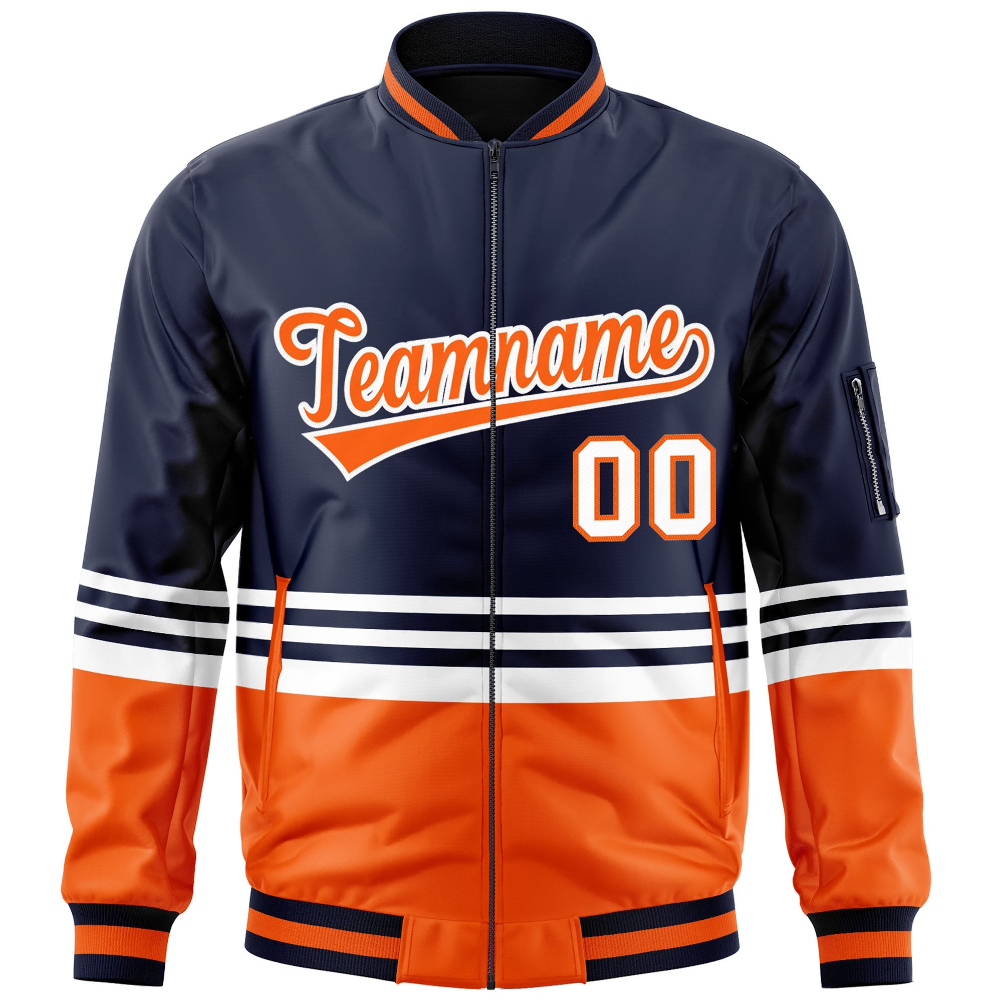 Custom Navy Orange-White Varsity Full-Zip Color Block Letterman Bomber Jacket