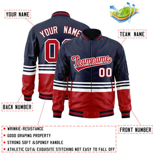 Custom Navy Red-White Varsity Full-Zip Color Block Letterman Bomber Jacket