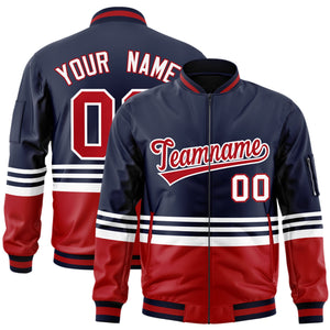 Custom Navy Red-White Varsity Full-Zip Color Block Letterman Bomber Jacket