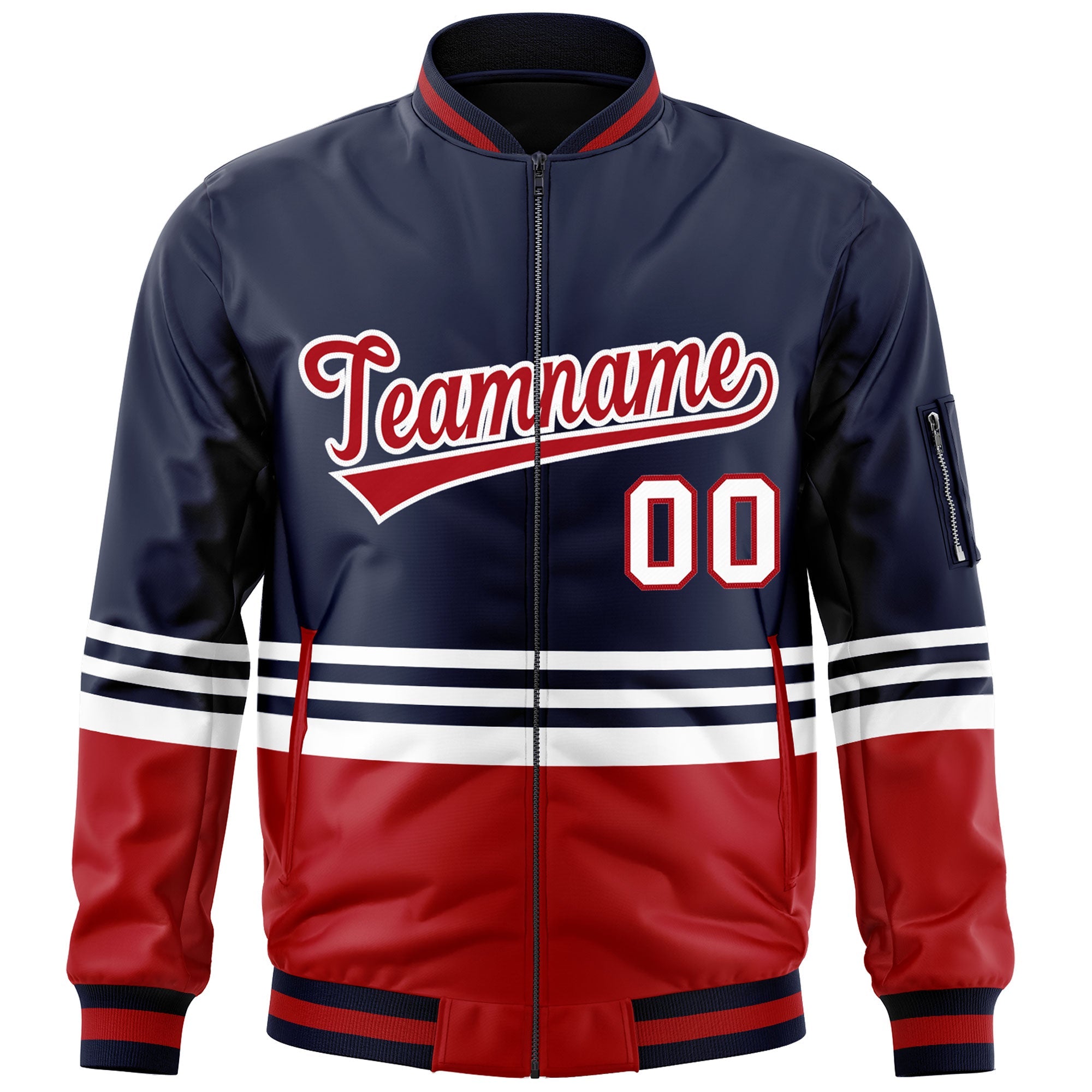 Custom Navy Red-White Varsity Full-Zip Color Block Letterman Bomber Jacket