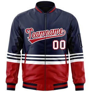 Custom Navy Red-White Varsity Full-Zip Color Block Letterman Bomber Jacket