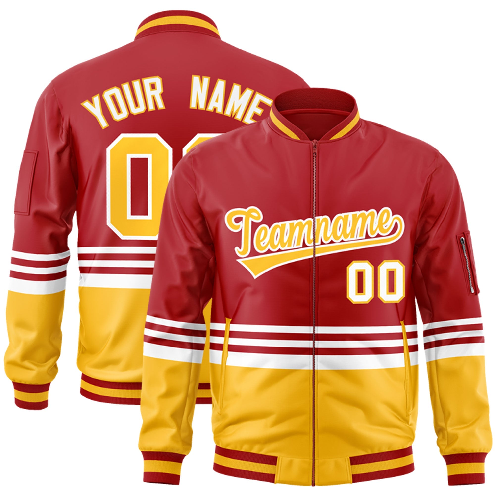 Custom Red Gold-White Varsity Full-Zip Color Block Letterman Bomber Jacket