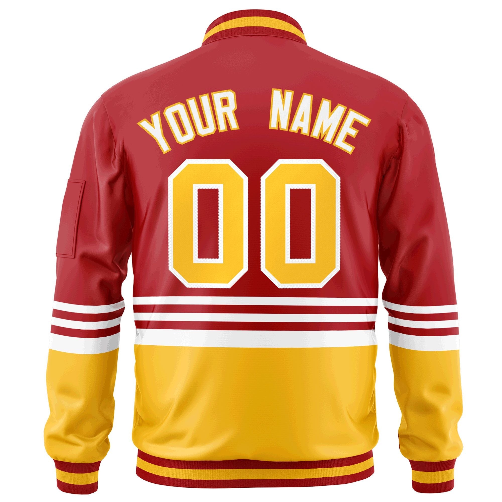 Custom Red Gold-White Varsity Full-Zip Color Block Letterman Bomber Jacket