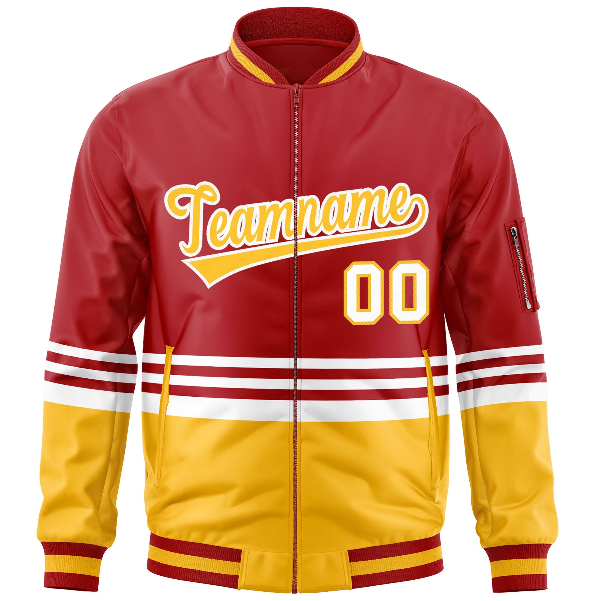 Custom Red Gold-White Varsity Full-Zip Color Block Letterman Bomber Jacket