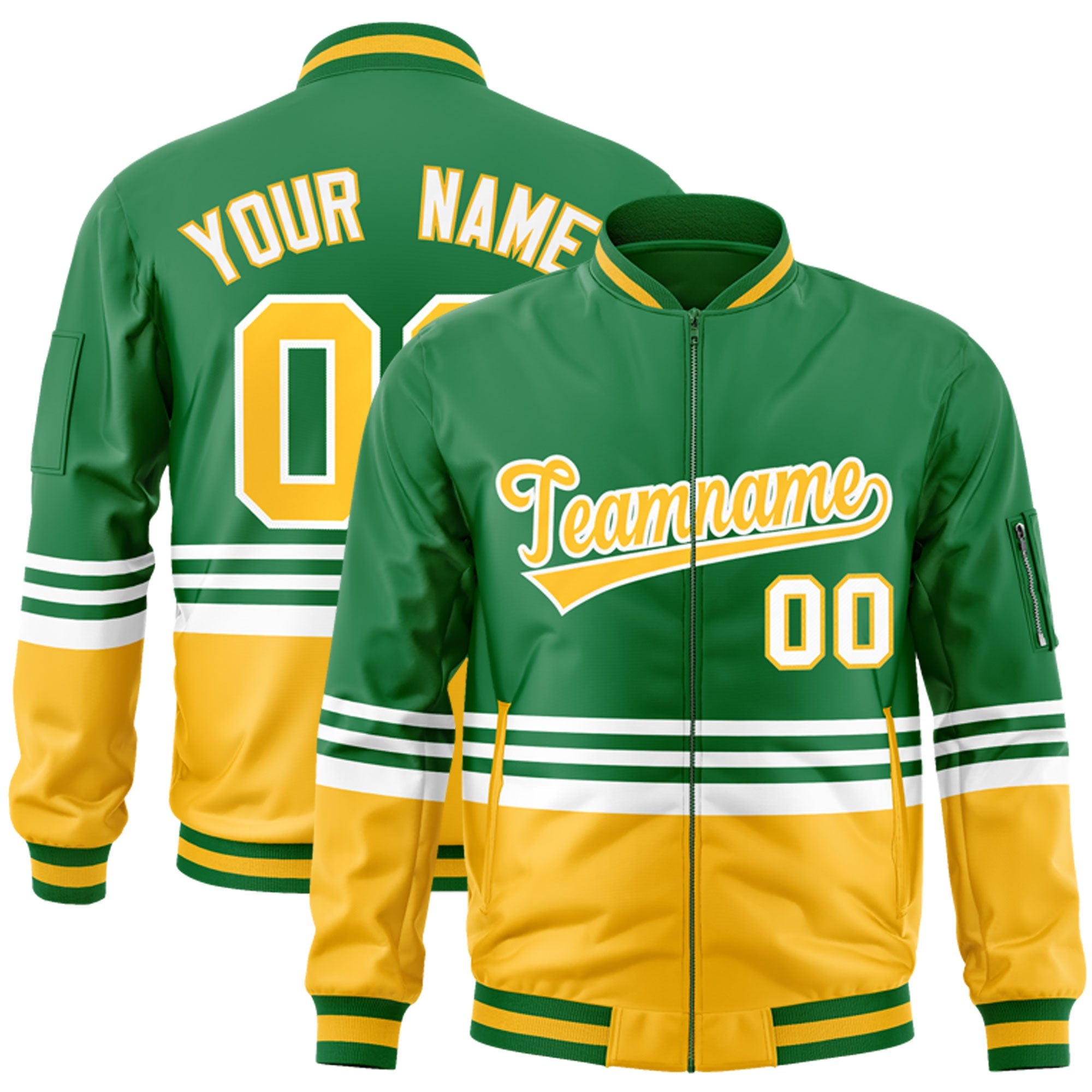 Custom Kelly Green Gold-White Varsity Full-Zip Color Block Letterman Bomber Jacket