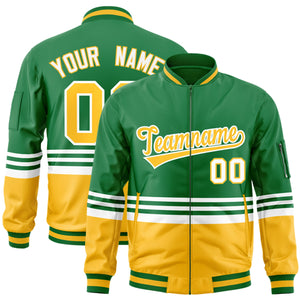 Custom Kelly Green Gold-White Varsity Full-Zip Color Block Letterman Bomber Jacket