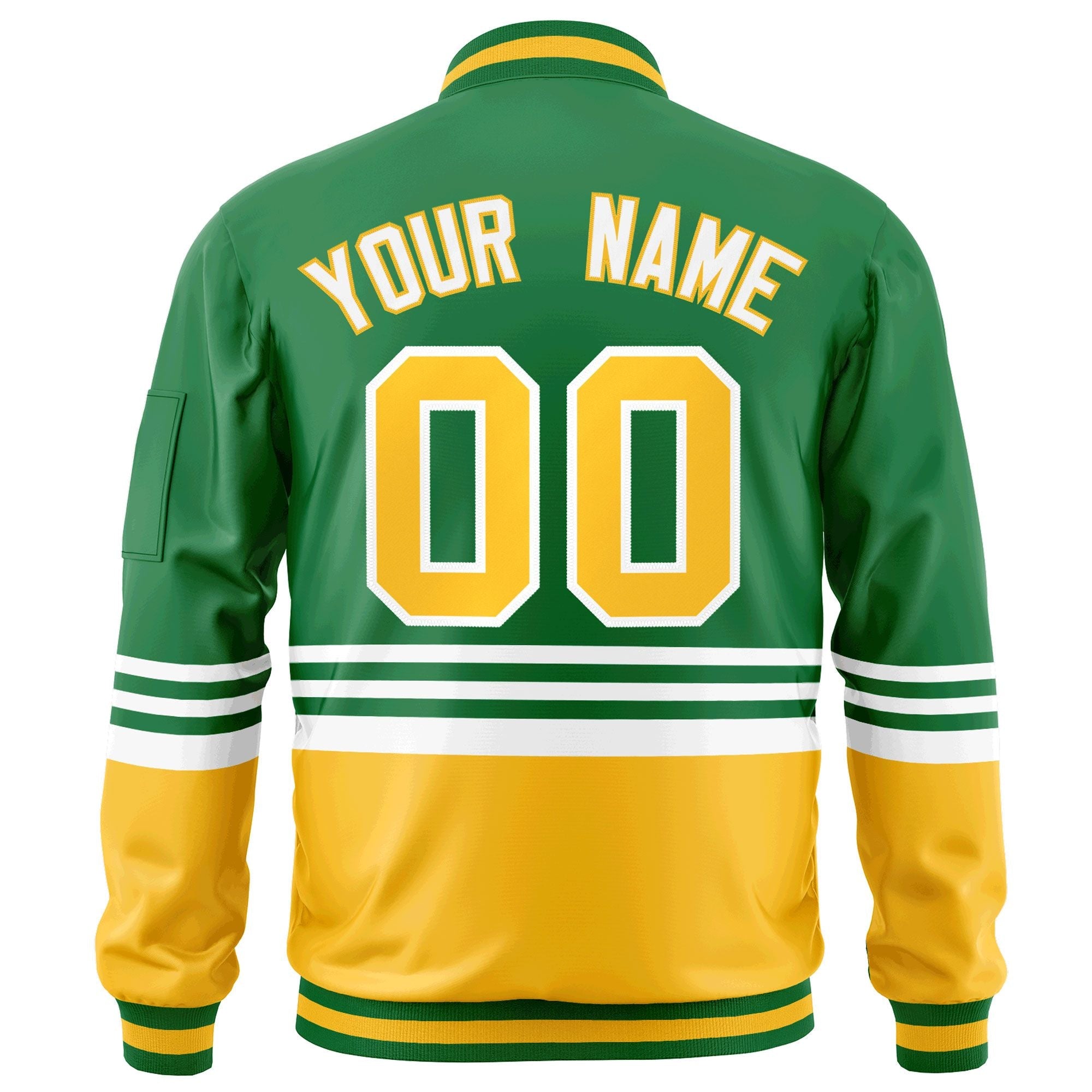 Custom Kelly Green Gold-White Varsity Full-Zip Color Block Letterman Bomber Jacket