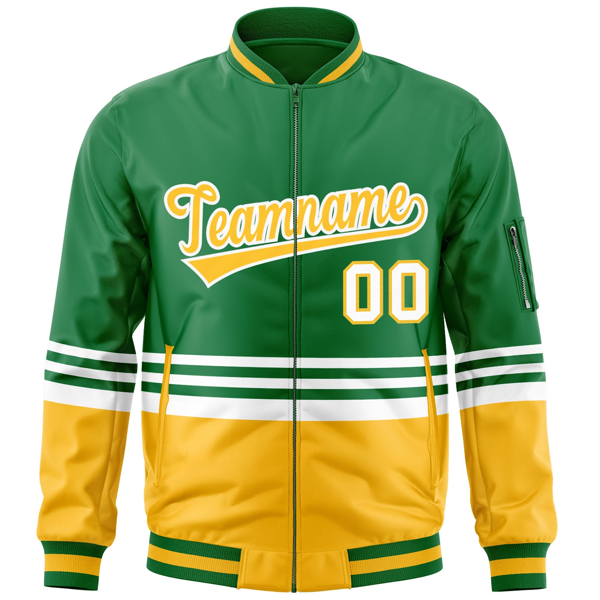 Custom Kelly Green Gold-White Varsity Full-Zip Color Block Letterman Bomber Jacket