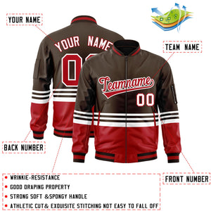 Custom Brown Red-White Varsity Full-Zip Color Block Letterman Bomber Jacket