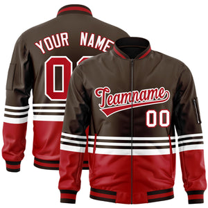 Custom Brown Red-White Varsity Full-Zip Color Block Letterman Bomber Jacket