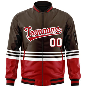 Custom Brown Red-White Varsity Full-Zip Color Block Letterman Bomber Jacket