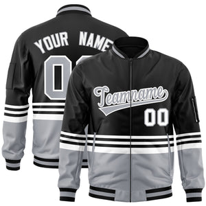 Custom Black Gray-White Varsity Full-Zip Color Block Letterman Bomber Jacket