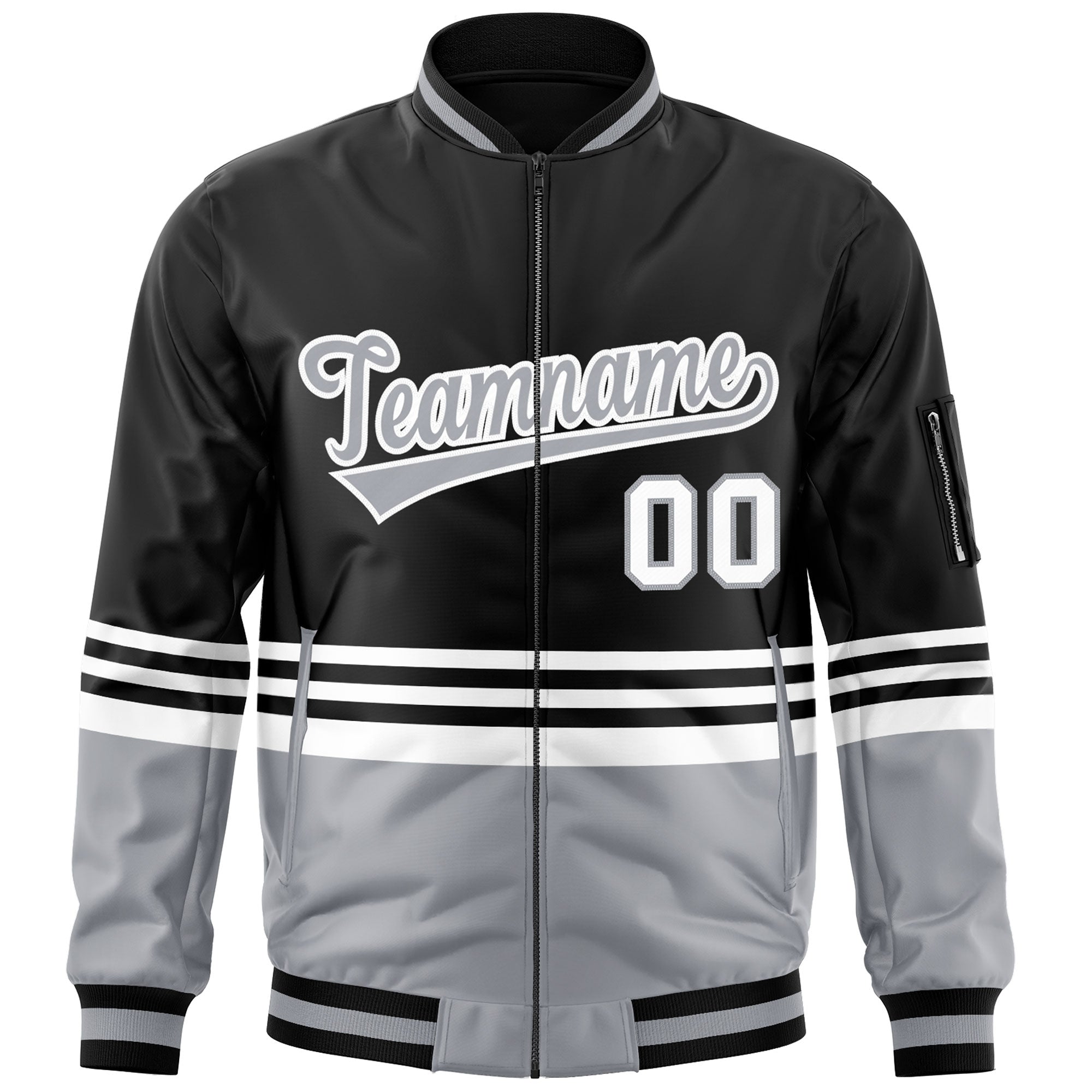 Custom Black Gray-White Varsity Full-Zip Color Block Letterman Bomber Jacket