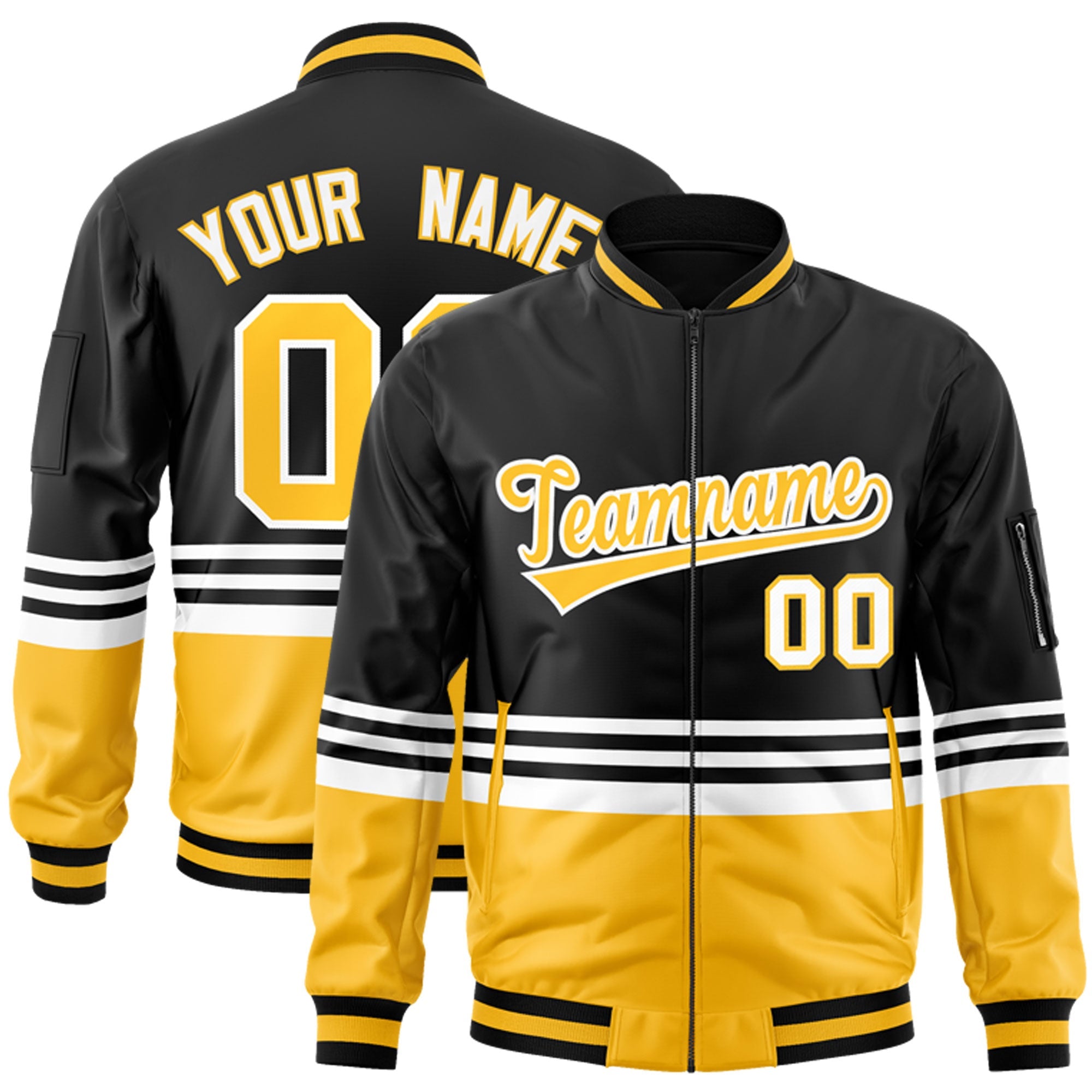 Custom Black Gold-White Varsity Full-Zip Color Block Letterman Bomber Jacket