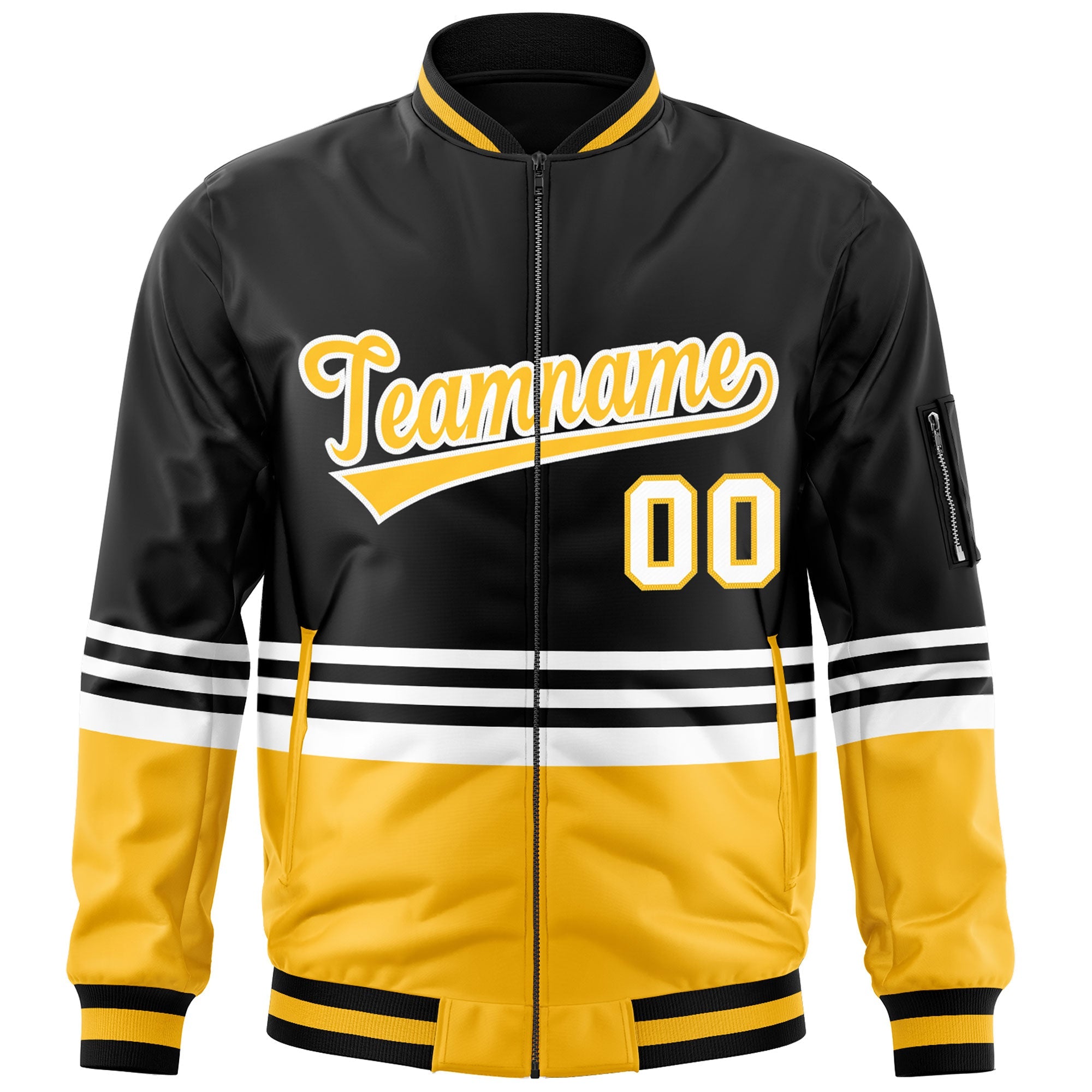 Custom Black Gold-White Varsity Full-Zip Color Block Letterman Bomber Jacket