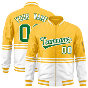 Custom Gold Kelly Green-White Varsity Full-Zip Color Block Letterman Bomber Jacket