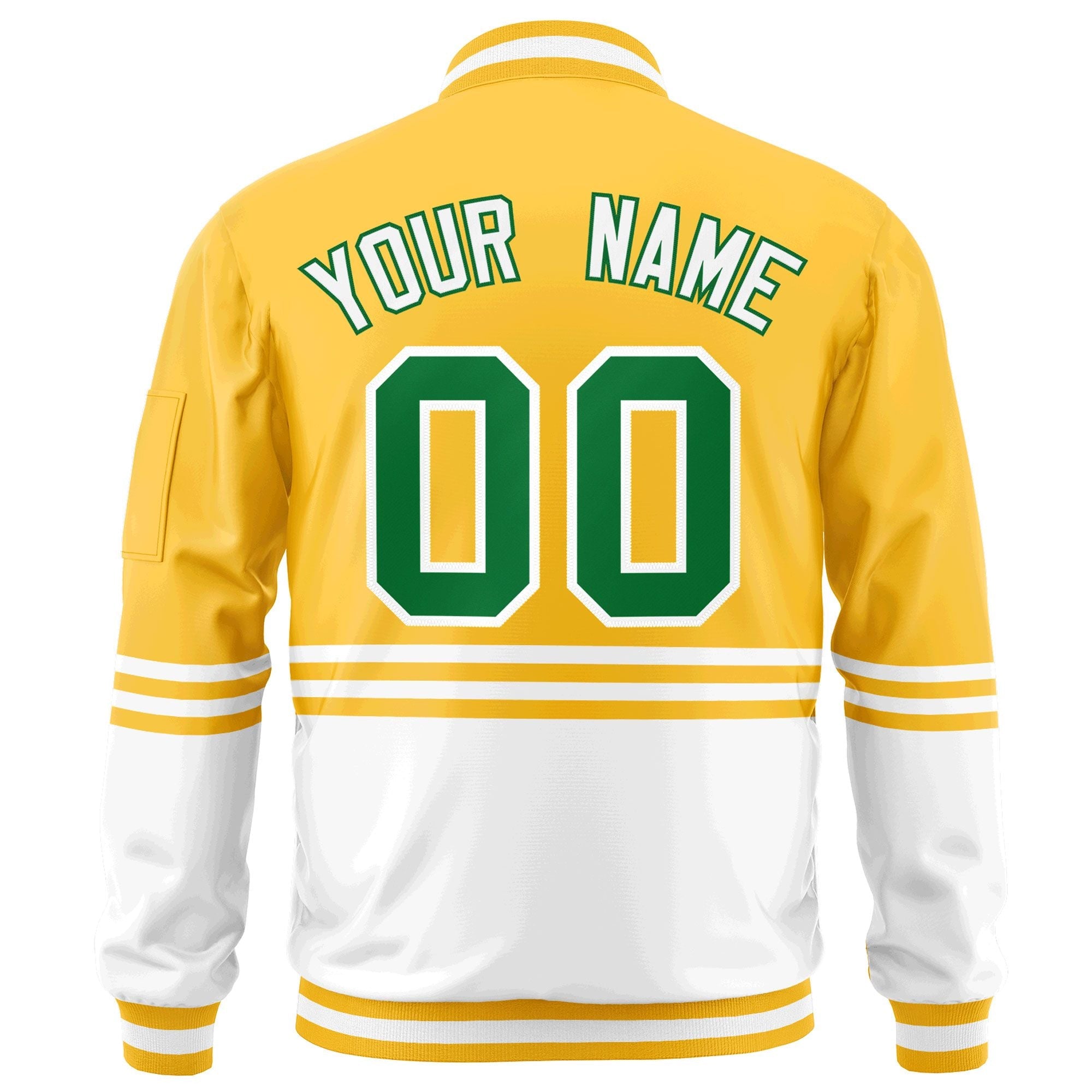 Custom Gold Kelly Green-White Varsity Full-Zip Color Block Letterman Bomber Jacket