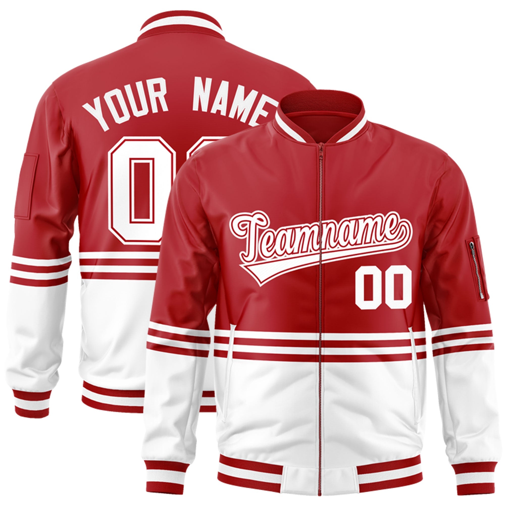 Custom Red White-Red Varsity Full-Zip Color Block Letterman Bomber Jacket