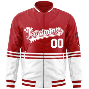 Custom Red White-Red Varsity Full-Zip Color Block Letterman Bomber Jacket