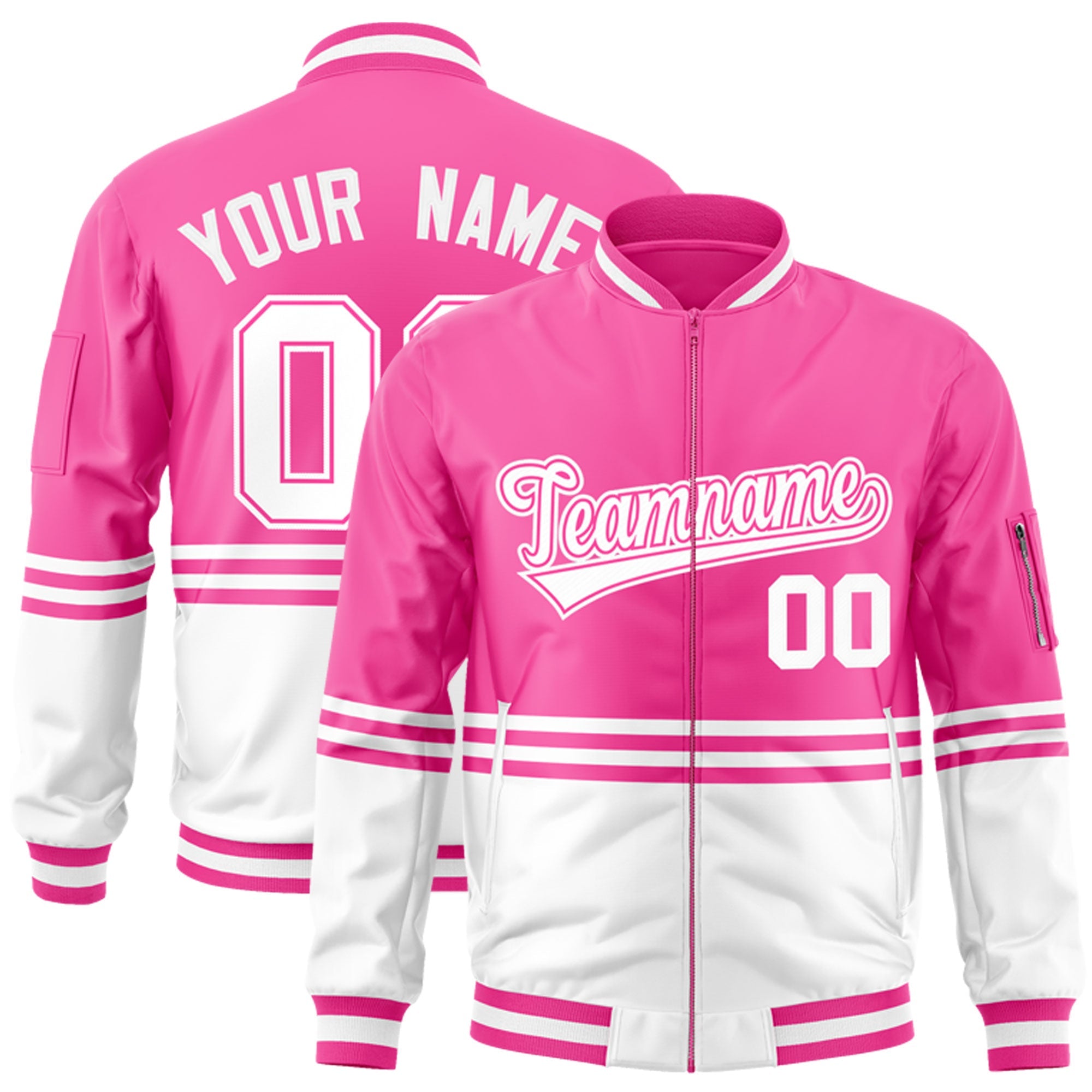 Custom Pink White-Pink Varsity Full-Zip Color Block Letterman Bomber Jacket